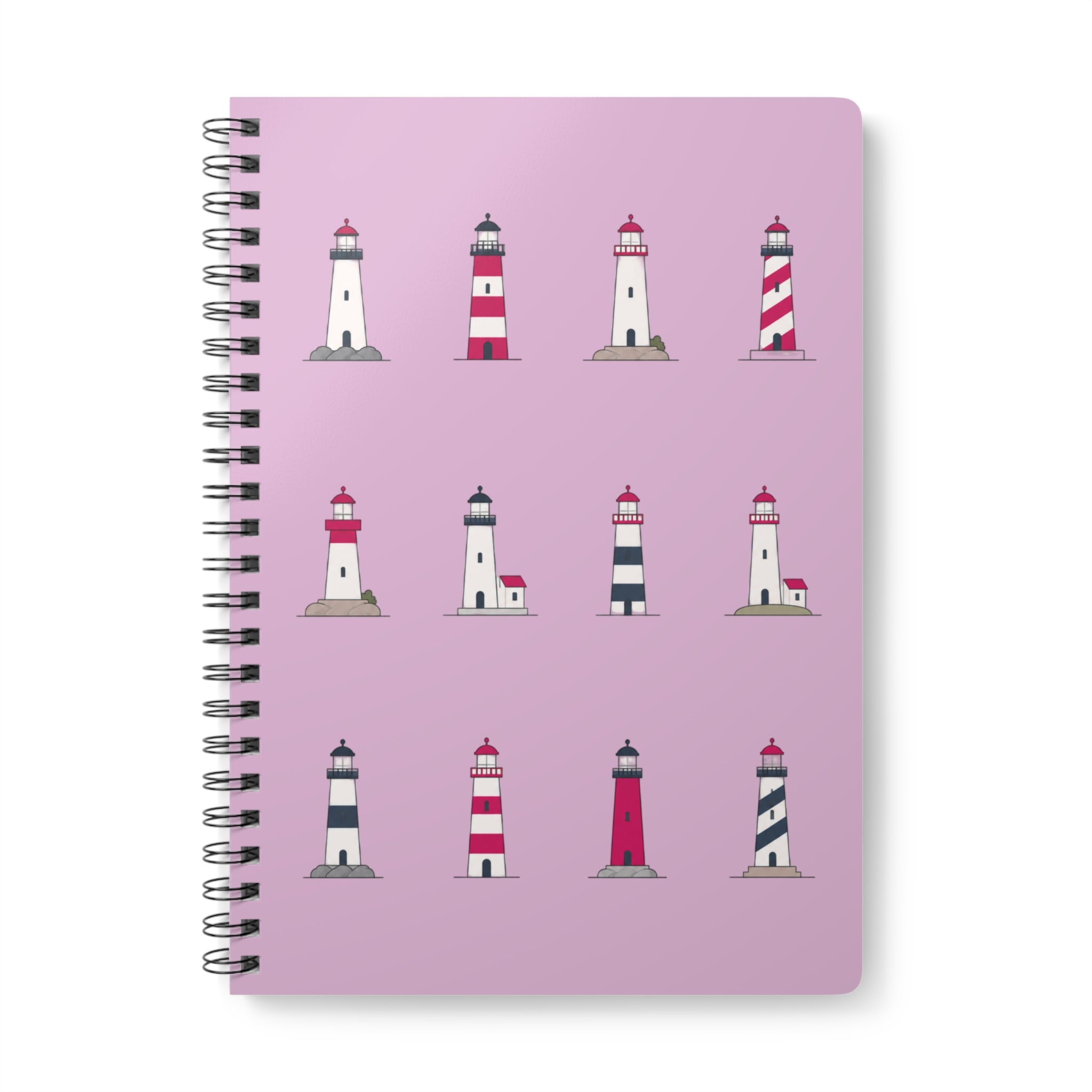 Lighthouse Pattern A5 Spiral Notebook — Pink