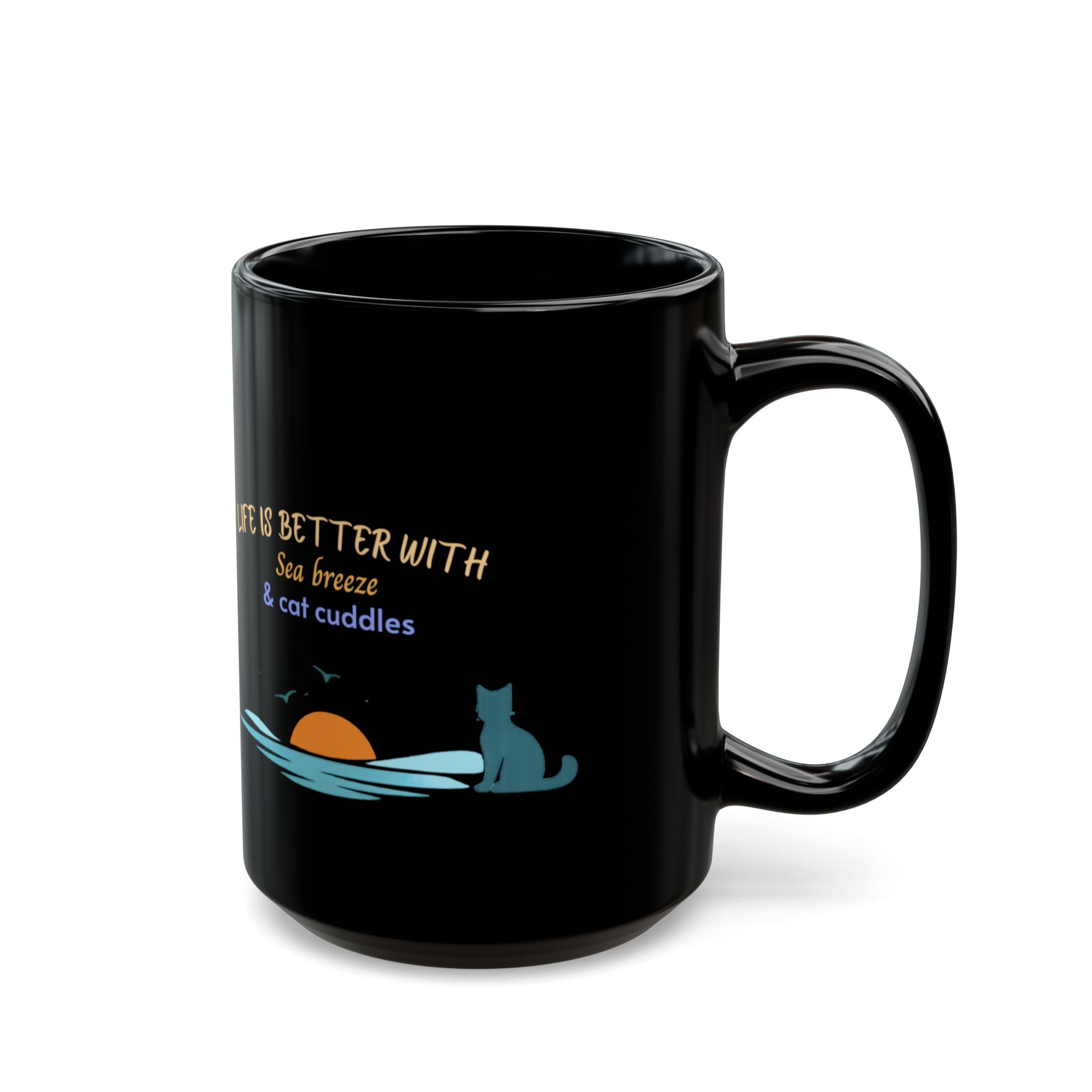 Black Cat Sunset Mug – "Life Is Better With Sea Breeze & Cat Cuddles"