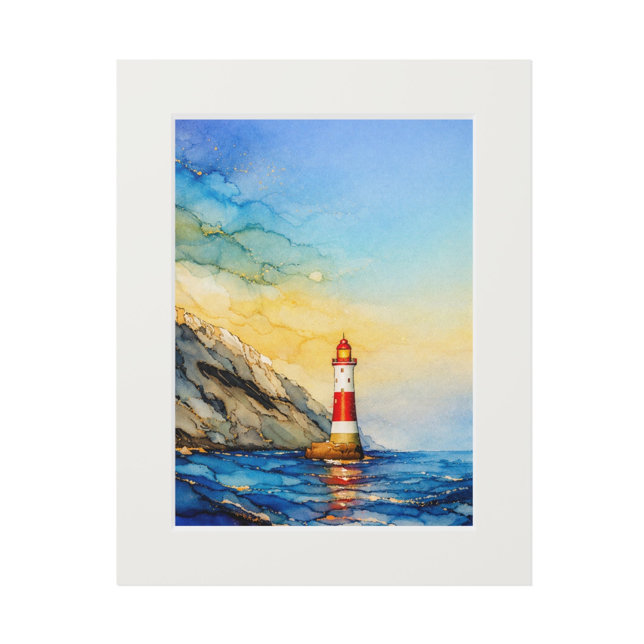 Lighthouse Seascape Alcohol Ink-Style Art Print with Passepartout Frame