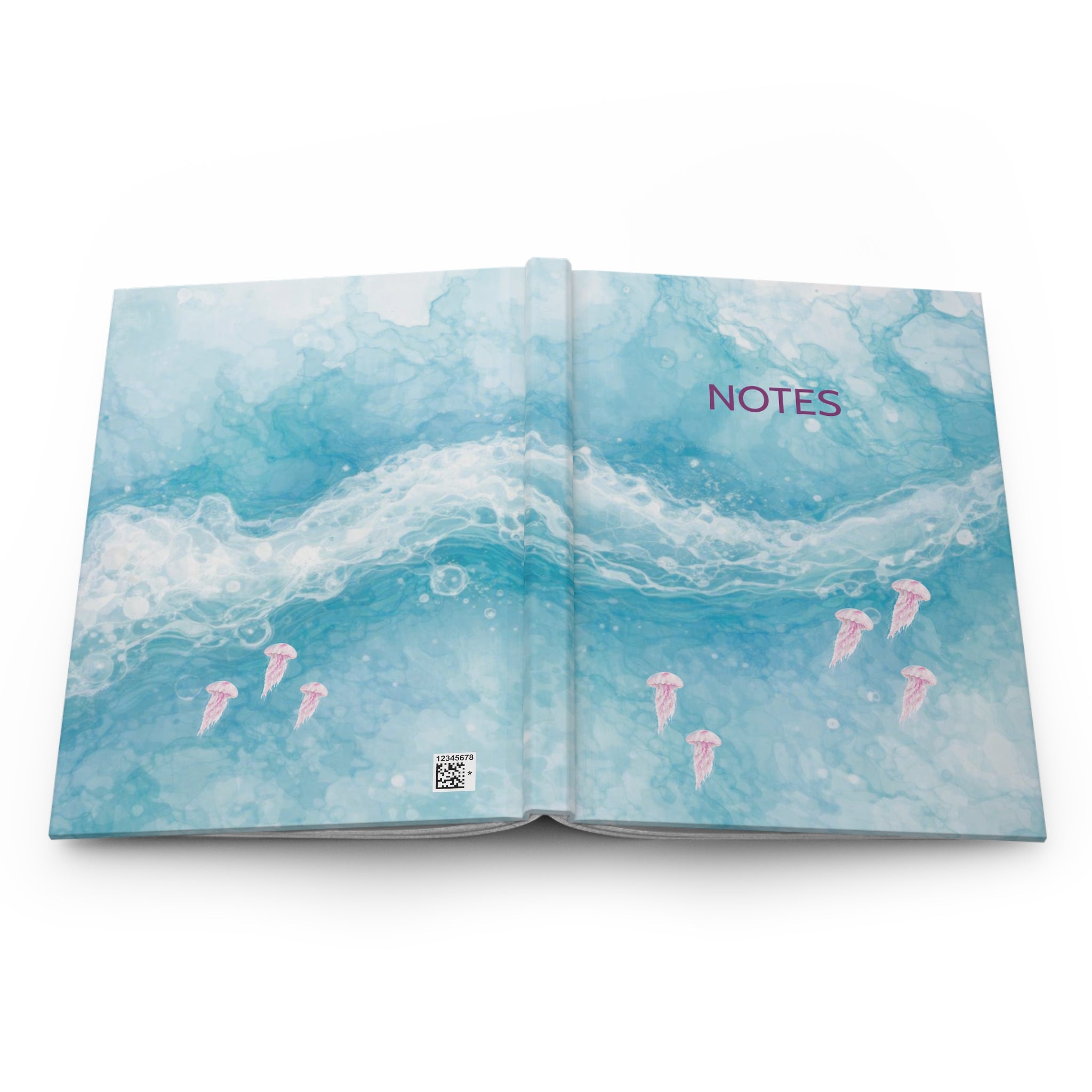 Ocean Wave Hardcover Journal — Blue Notebook with Pink Jellyfish