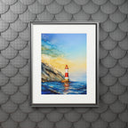 Lighthouse Seascape Alcohol Ink-Style Art Print with Passepartout Frame