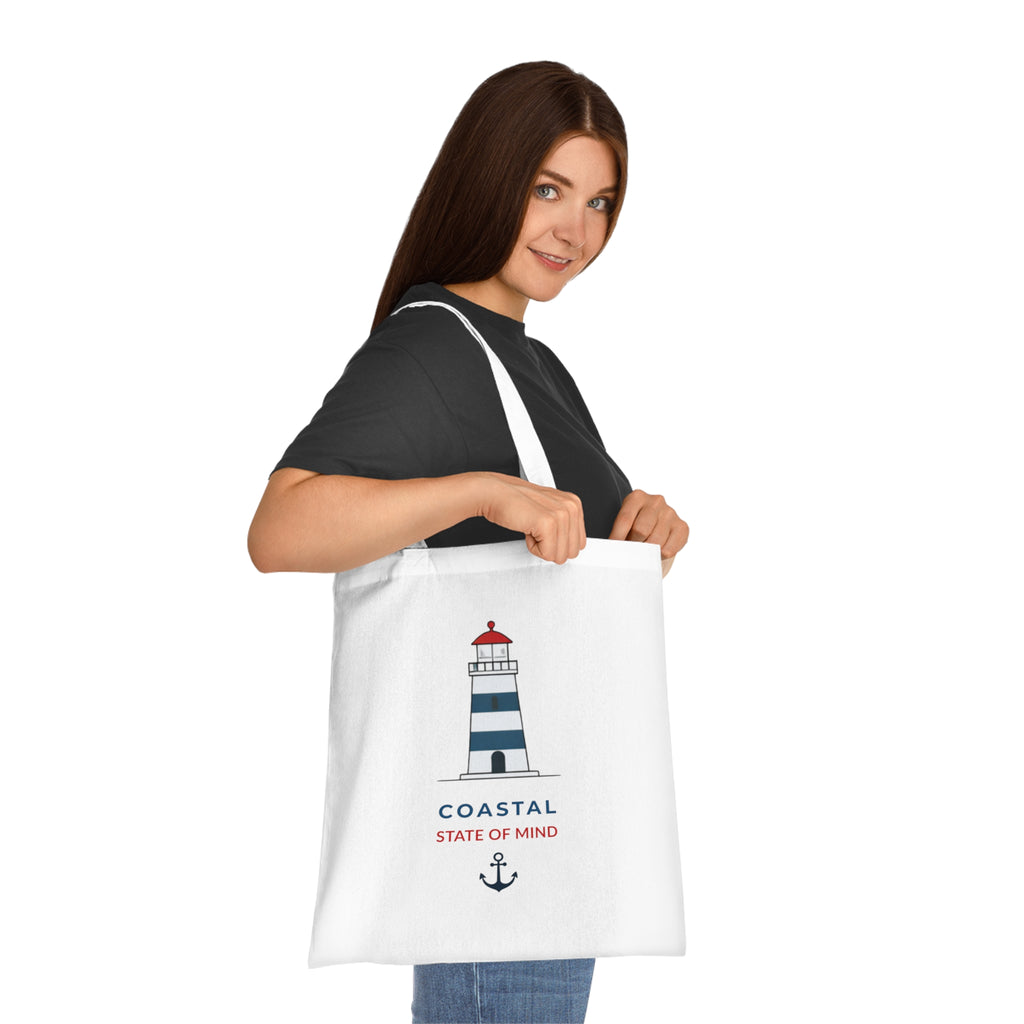 "Coastal State of Mind" Cotton Tote,  Nautical Lighthouse Beach Bag
