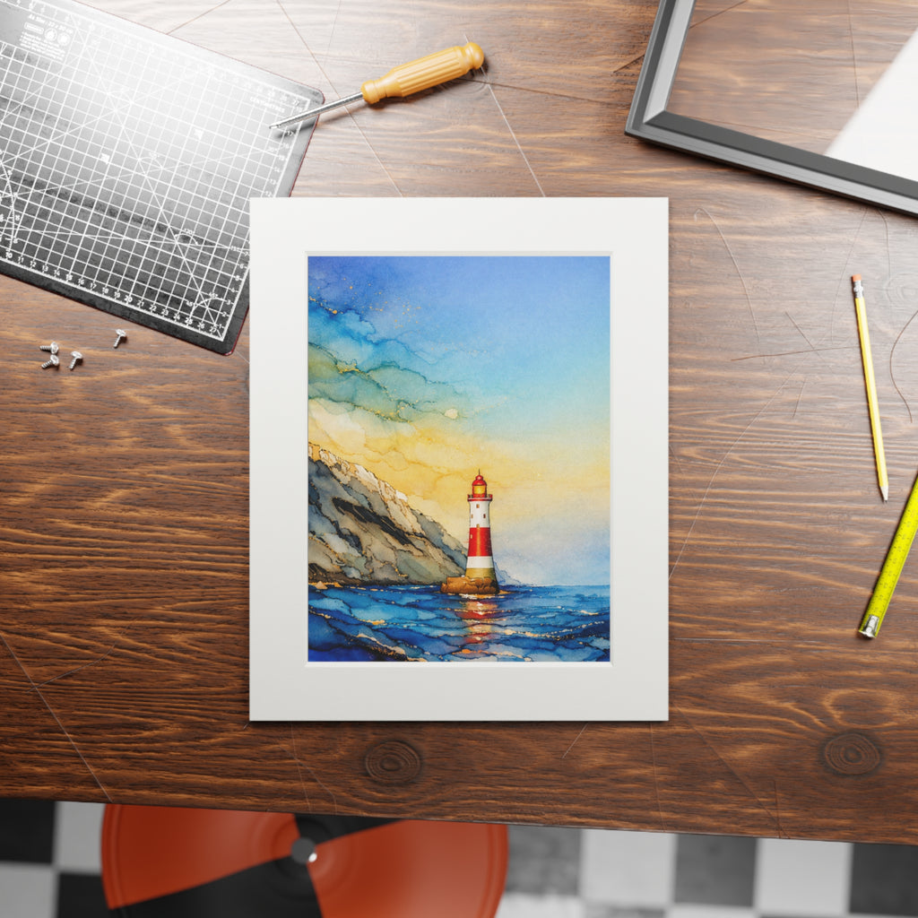 Lighthouse Seascape Alcohol Ink-Style Art Print with Passepartout Frame