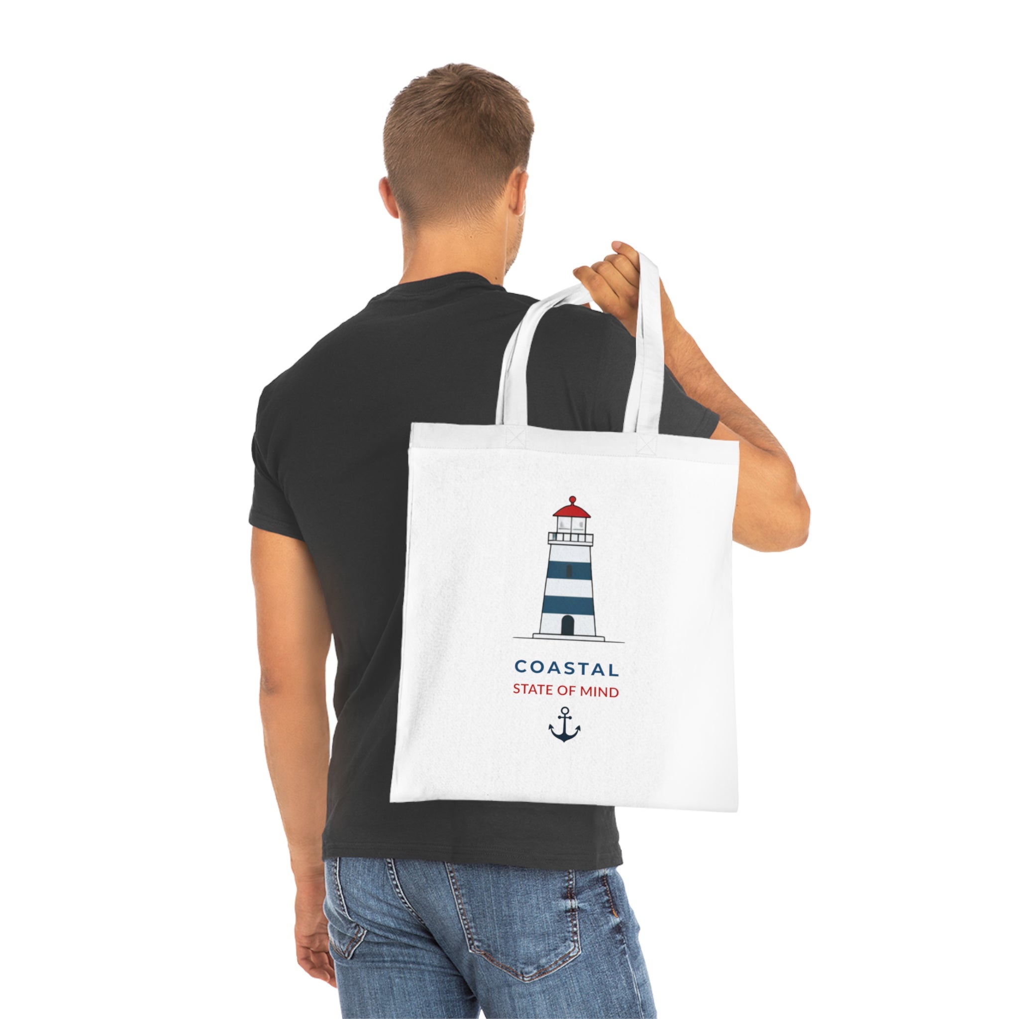 "Coastal State of Mind" Cotton Tote,  Nautical Lighthouse Beach Bag