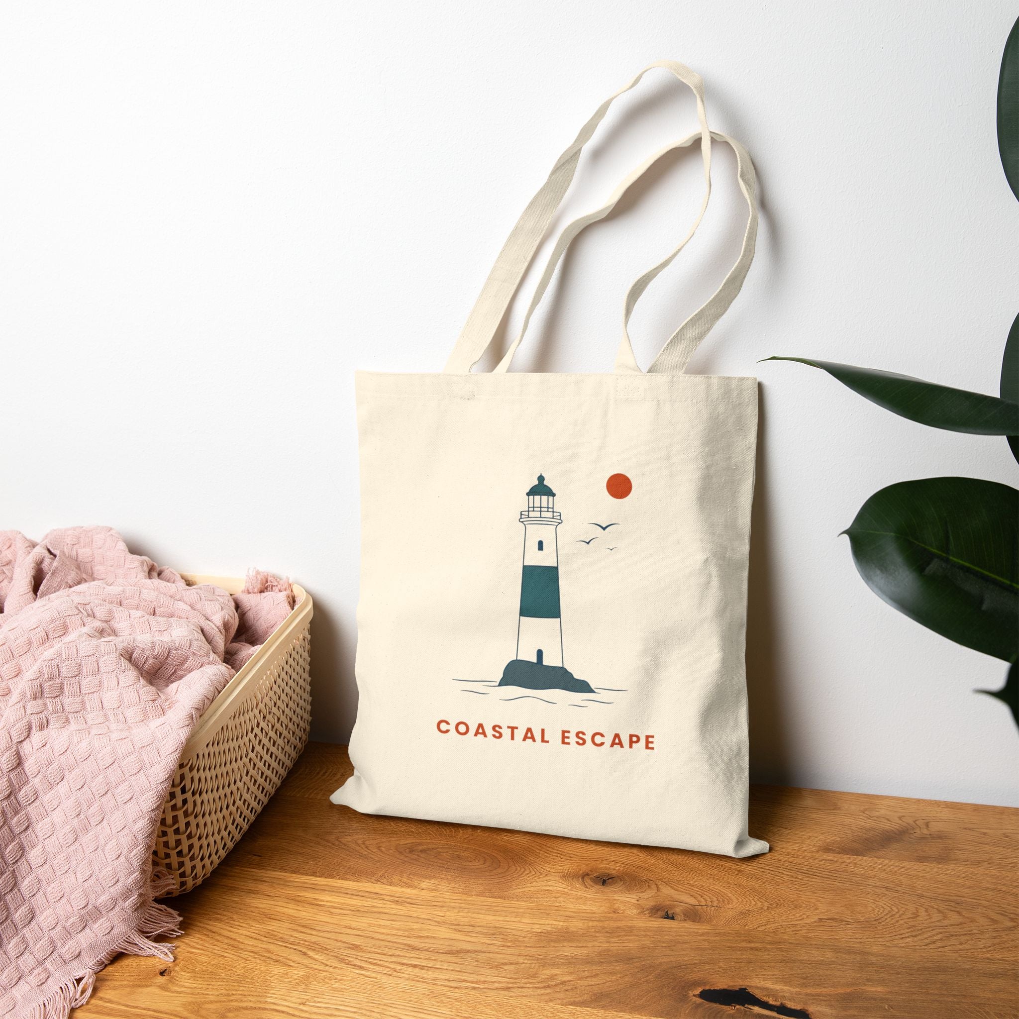 "Coastal Escape" Tote Bag, Lighthouse Canvas Beach Shopper