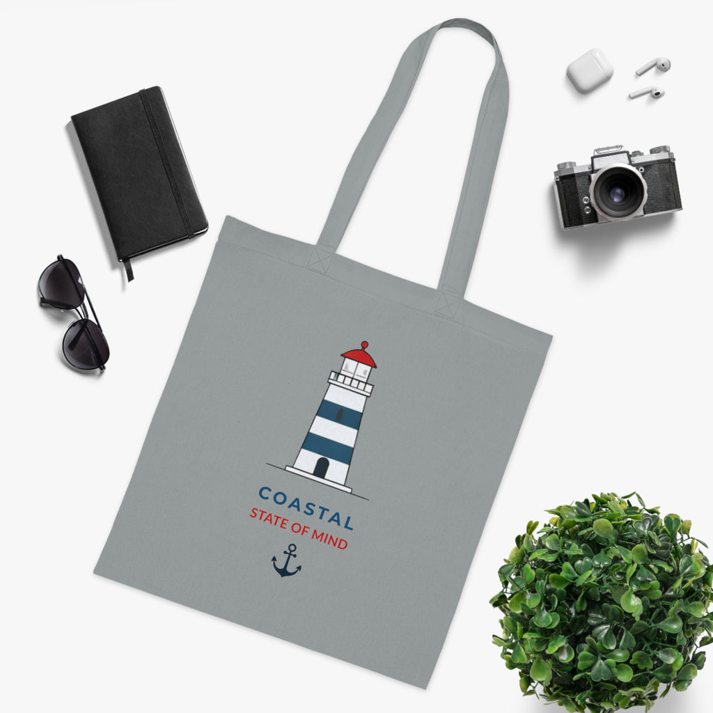 "Coastal State of Mind" Cotton Tote,  Nautical Lighthouse Beach Bag