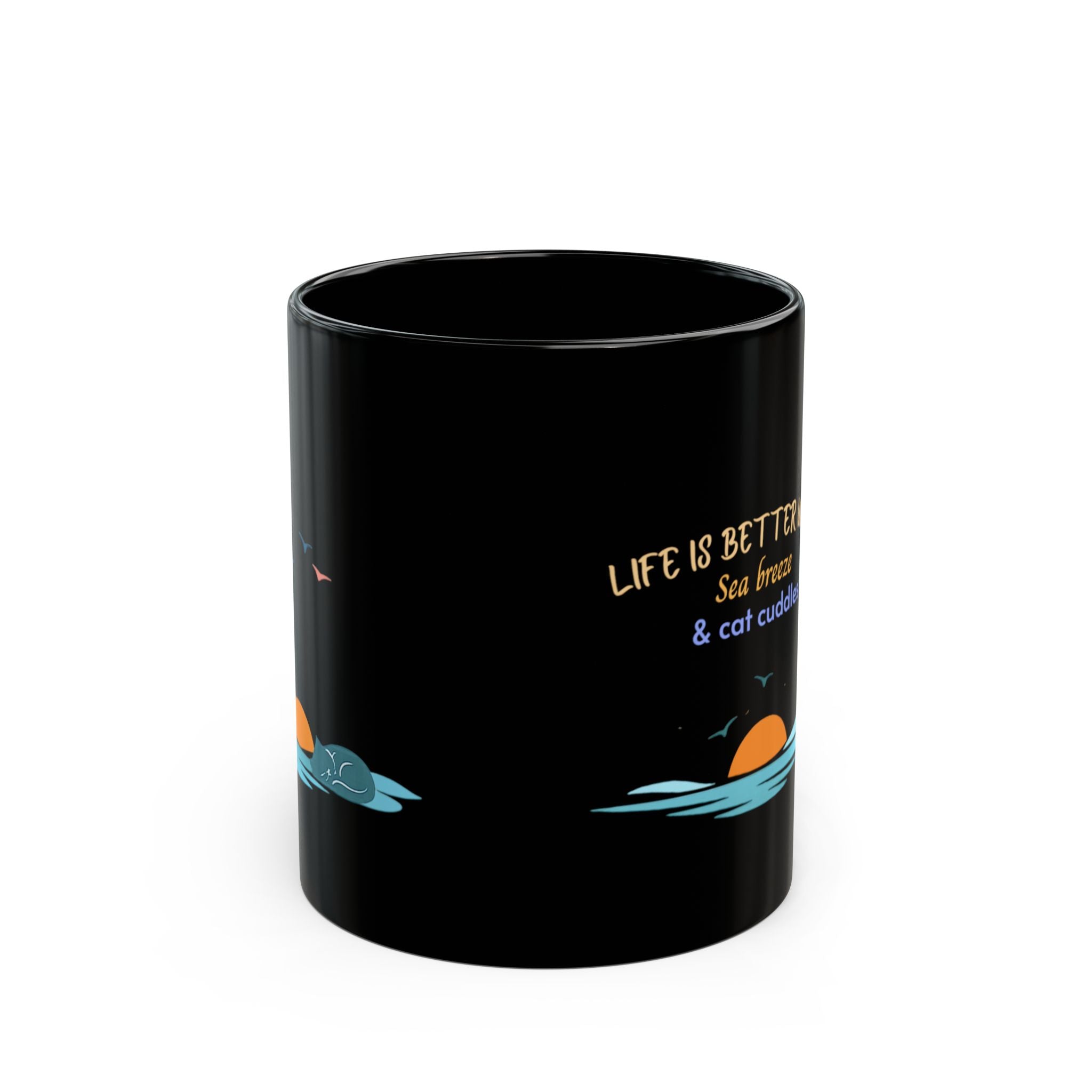 Black Cat Sunset Mug – "Life Is Better With Sea Breeze & Cat Cuddles"