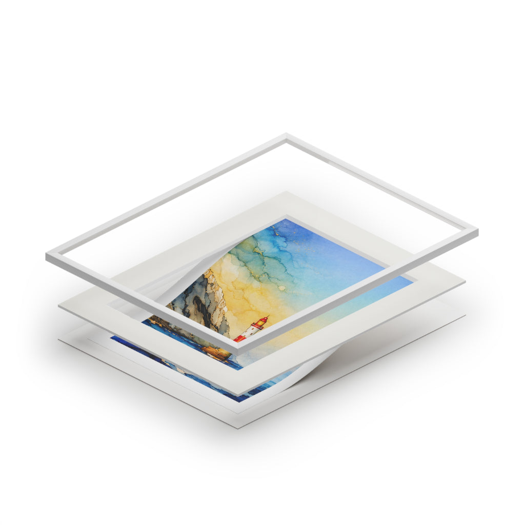 Lighthouse Seascape Alcohol Ink-Style Art Print with Passepartout Frame