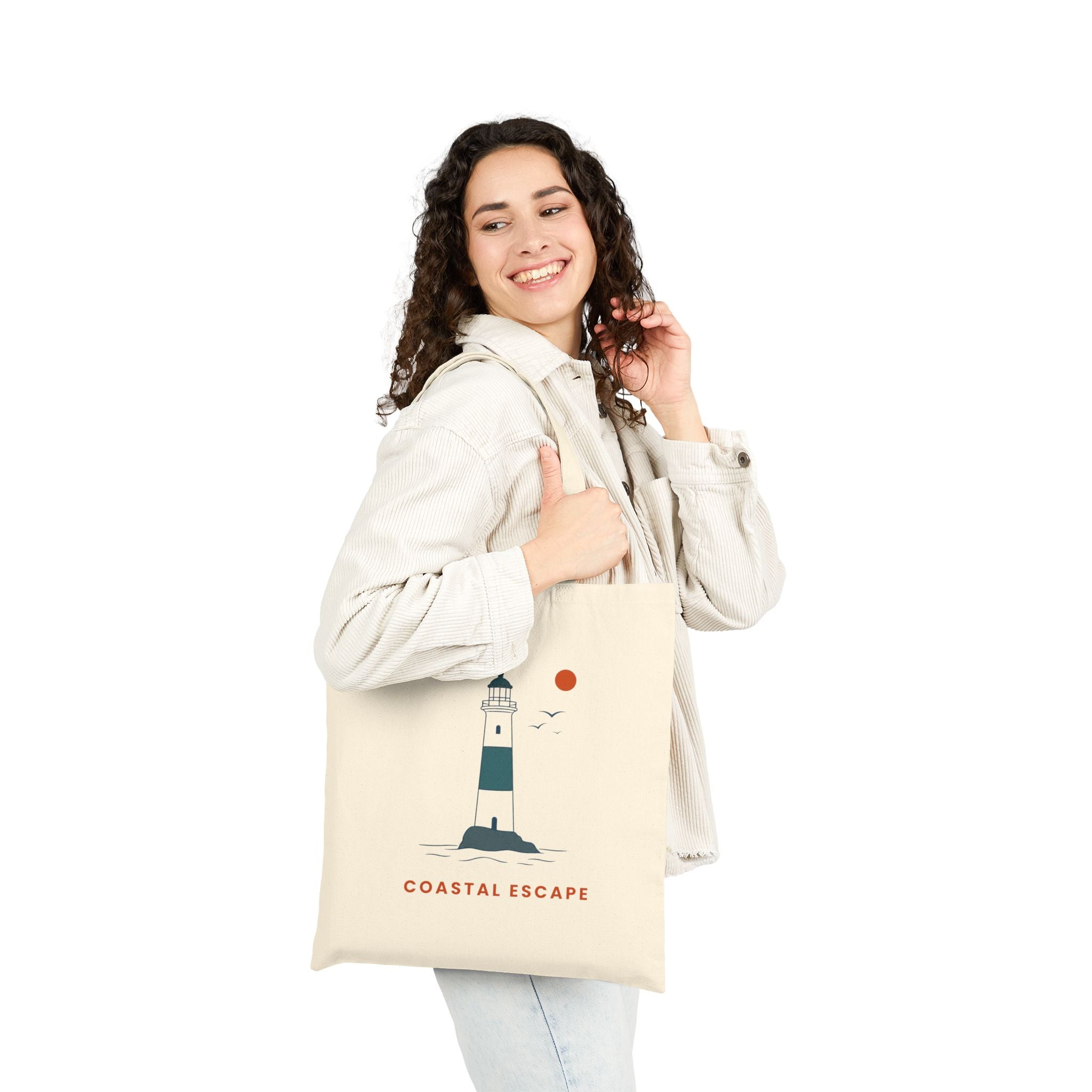 "Coastal Escape" Tote Bag, Lighthouse Canvas Beach Shopper