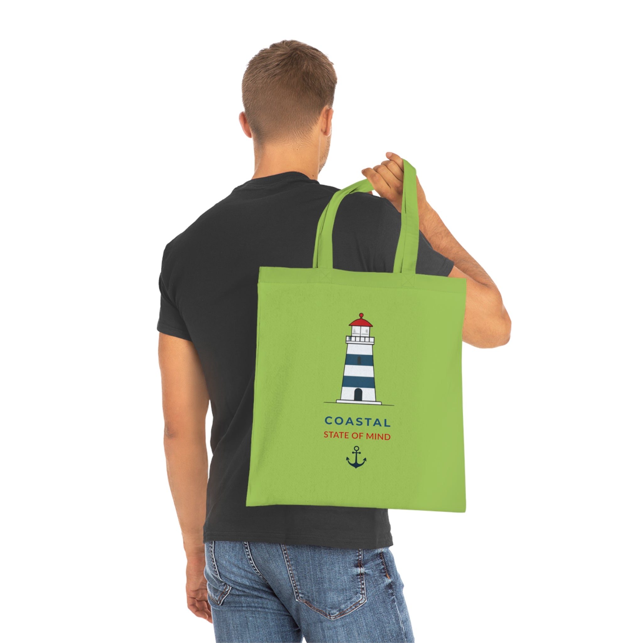 "Coastal State of Mind" Cotton Tote,  Nautical Lighthouse Beach Bag