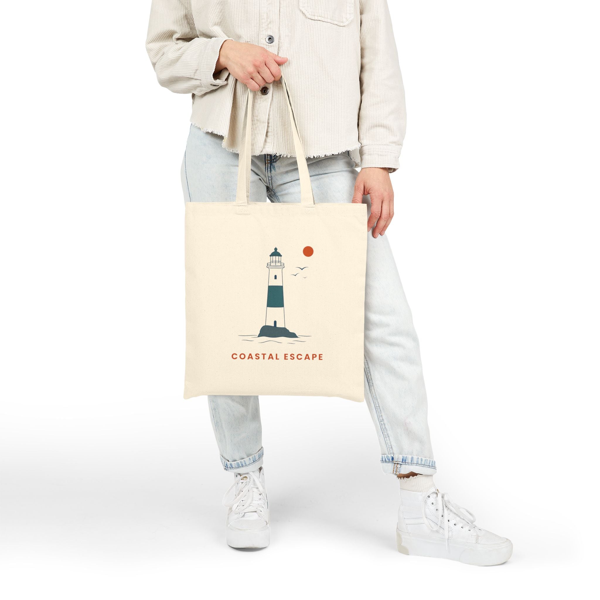 "Coastal Escape" Tote Bag, Lighthouse Canvas Beach Shopper