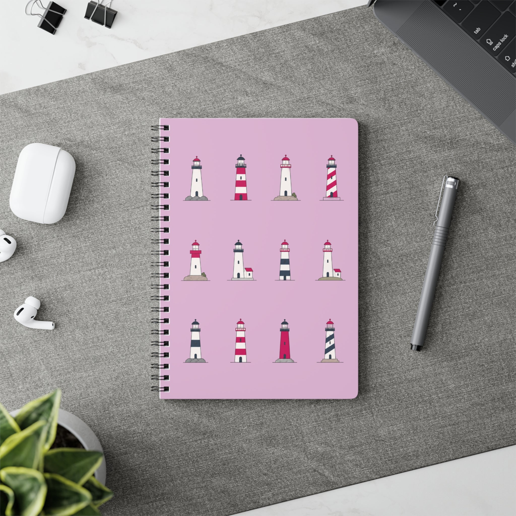 Lighthouse Pattern A5 Spiral Notebook — Pink