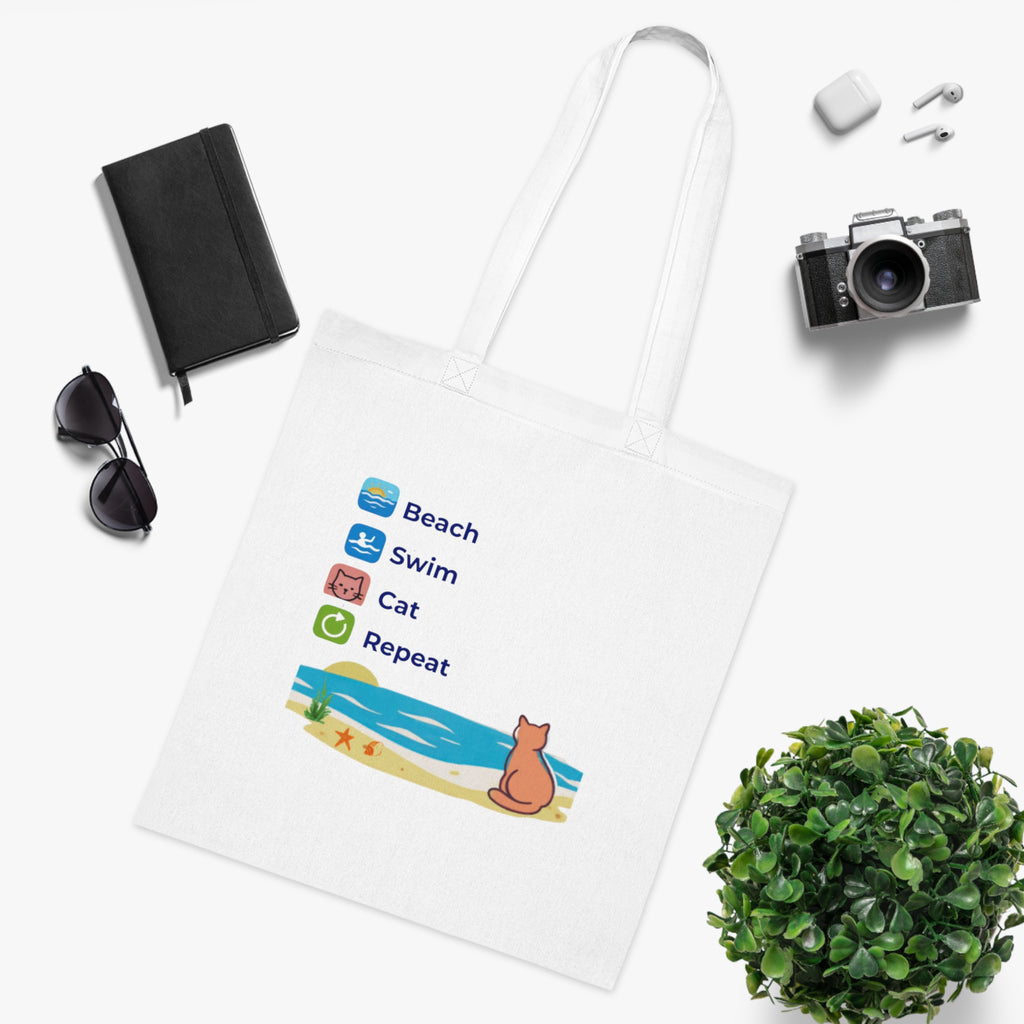 "Beach • Swim • Cat • Repeat" Cotton Tote Bag