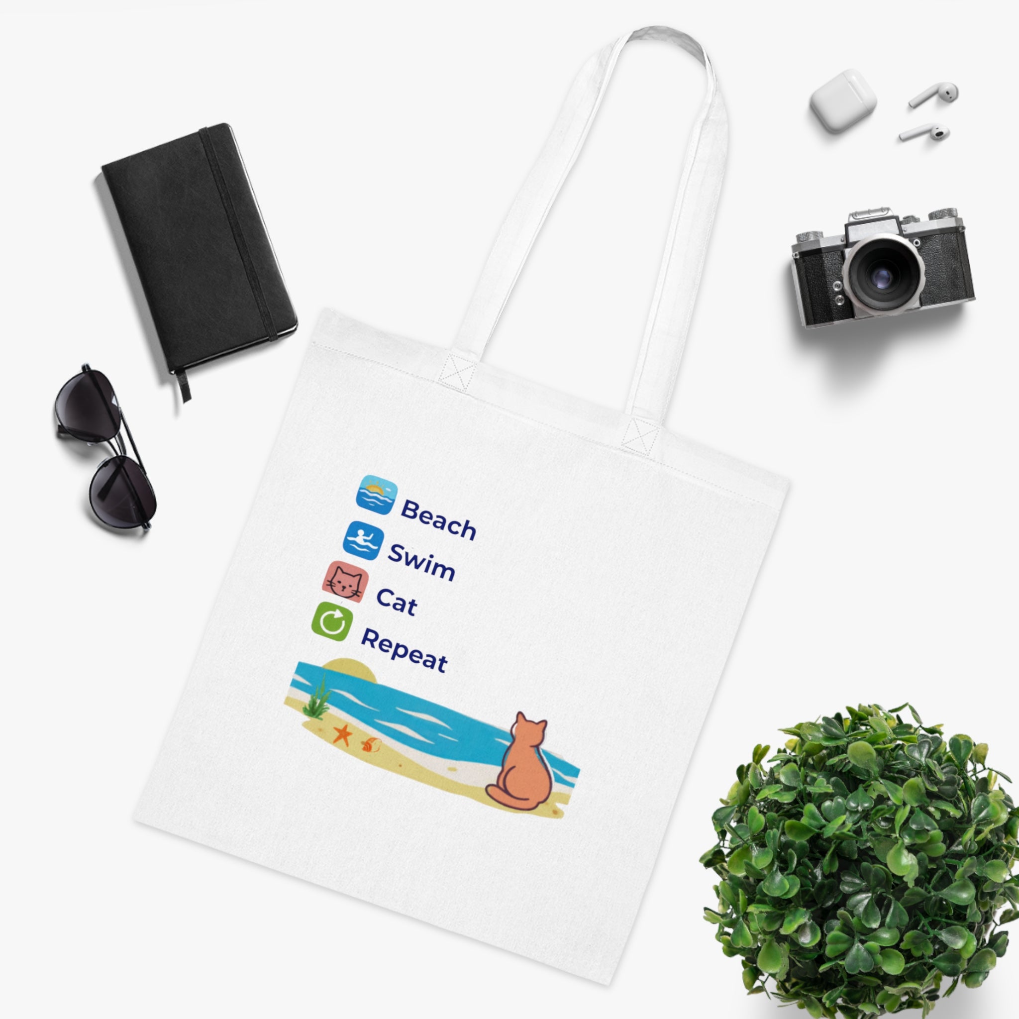 "Beach • Swim • Cat • Repeat" Cotton Tote Bag
