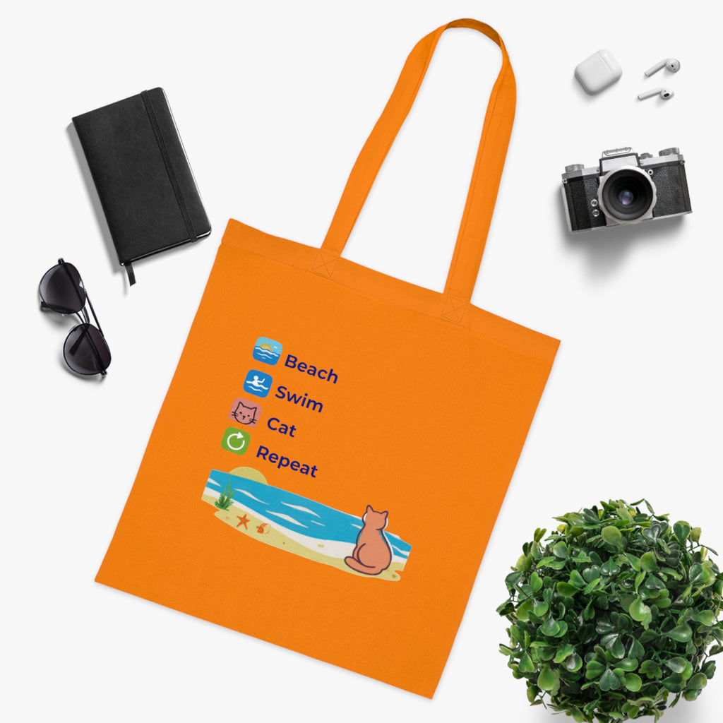 "Beach • Swim • Cat • Repeat" Cotton Tote Bag