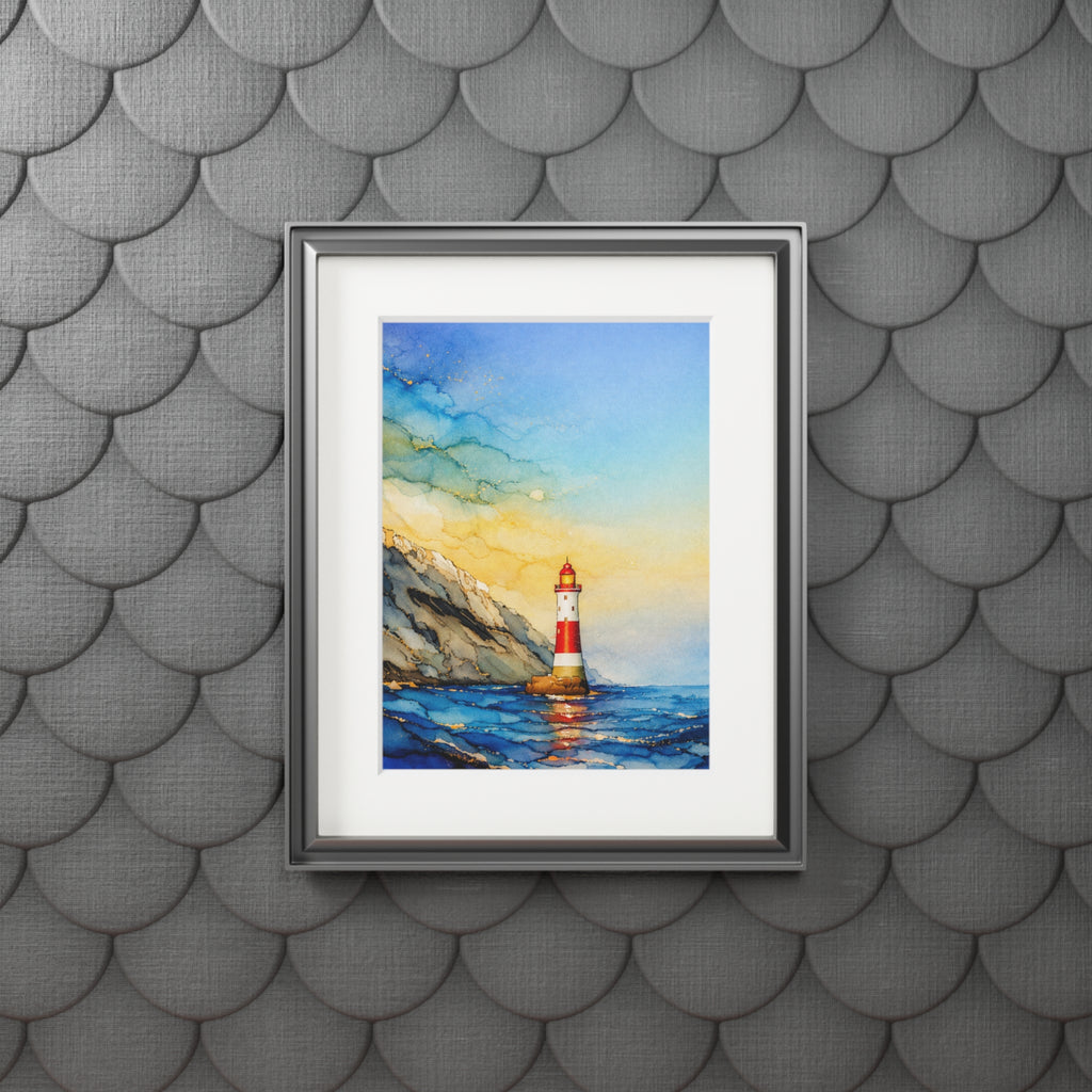 Lighthouse Seascape Alcohol Ink-Style Art Print with Passepartout Frame