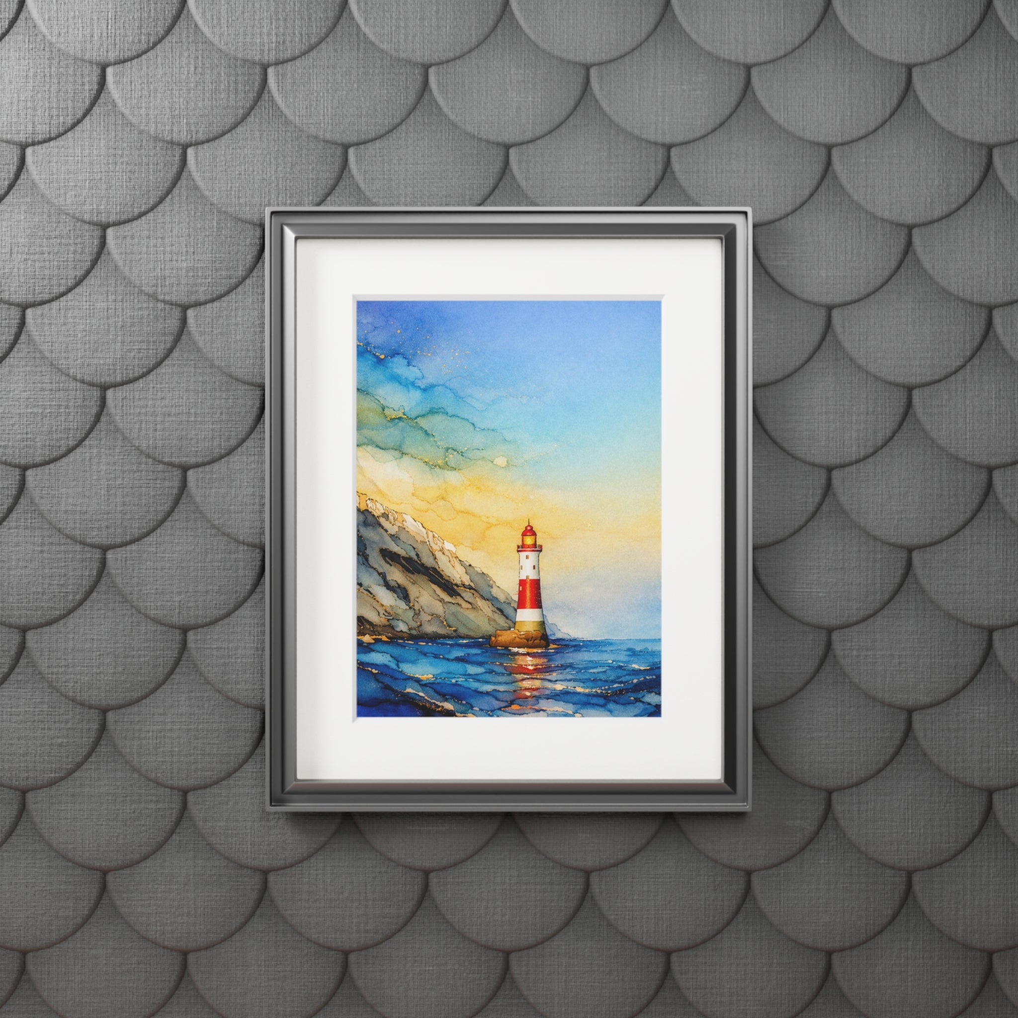 Lighthouse Seascape Alcohol Ink-Style Art Print with Passepartout Frame