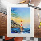 Lighthouse Seascape Alcohol Ink-Style Art Print with Passepartout Frame