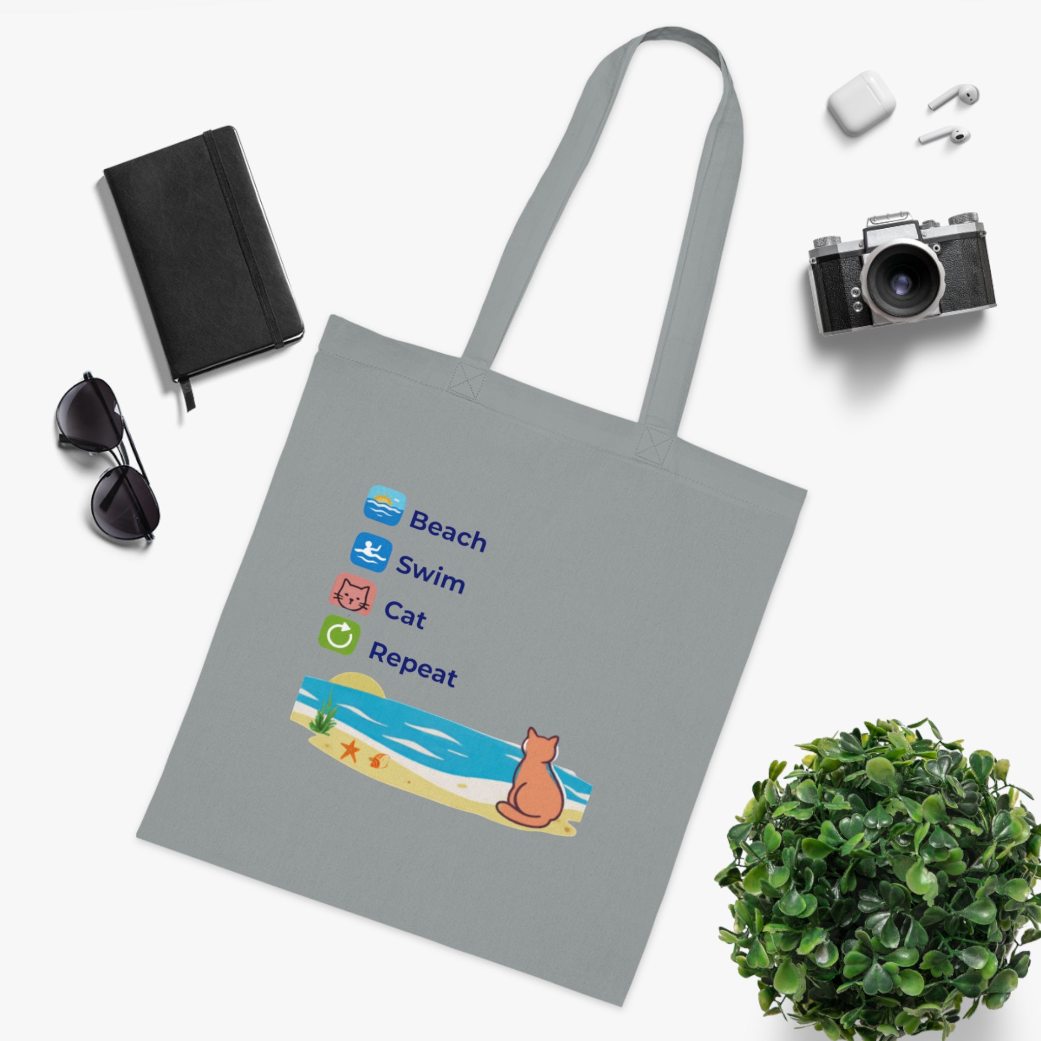 "Beach • Swim • Cat • Repeat" Cotton Tote Bag