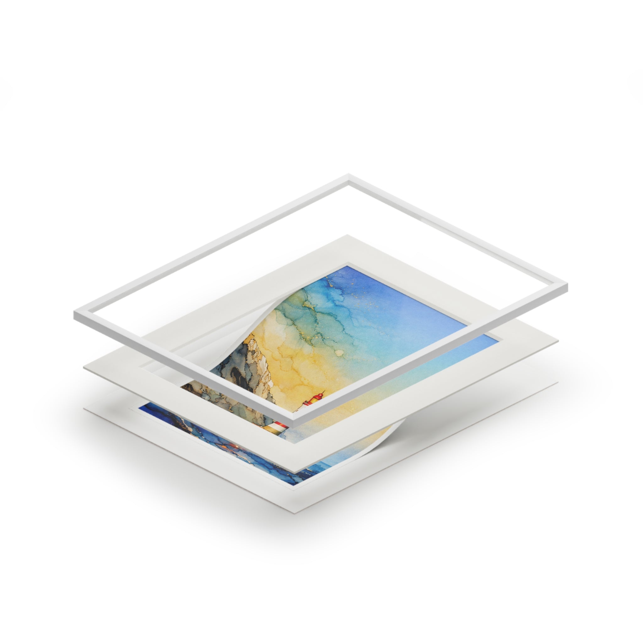 Lighthouse Seascape Alcohol Ink-Style Art Print with Passepartout Frame