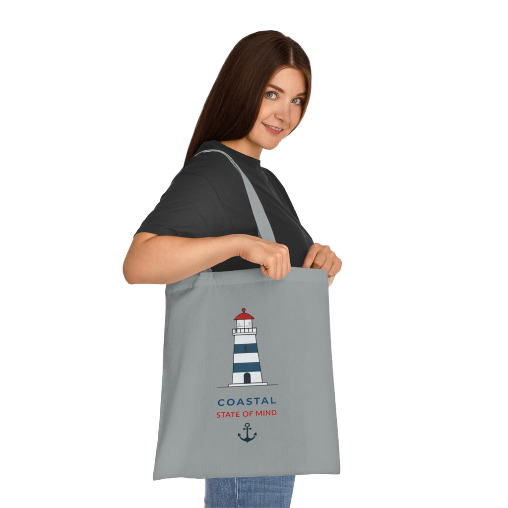 "Coastal State of Mind" Cotton Tote,  Nautical Lighthouse Beach Bag