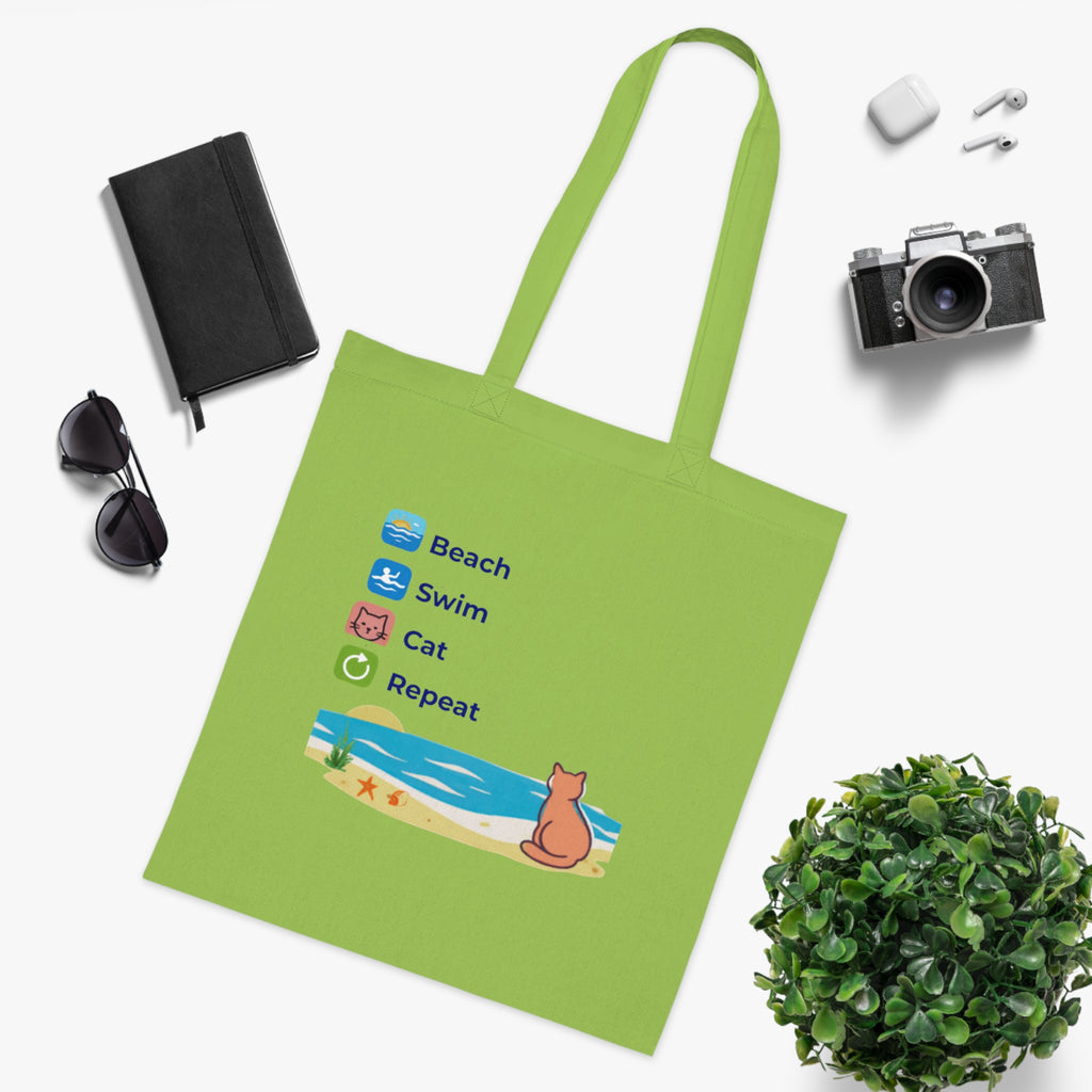 "Beach • Swim • Cat • Repeat" Cotton Tote Bag