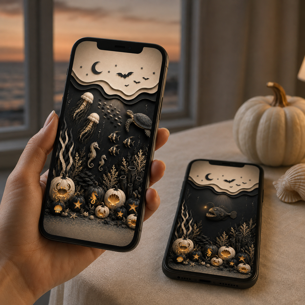 Coastal Halloween Phone Wallpaper Set – Dark Ocean Lock & Home Screens