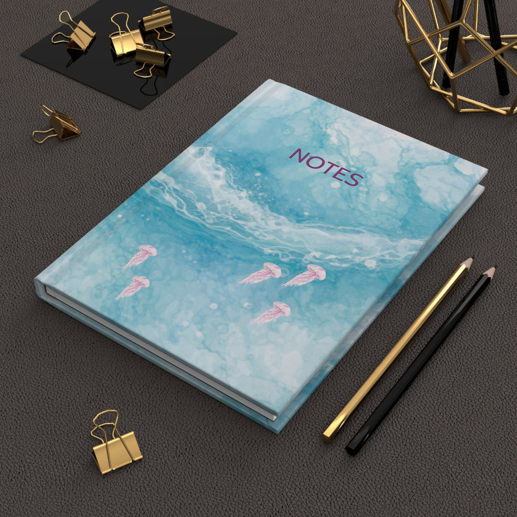 Ocean Wave Hardcover Journal — Blue Notebook with Pink Jellyfish
