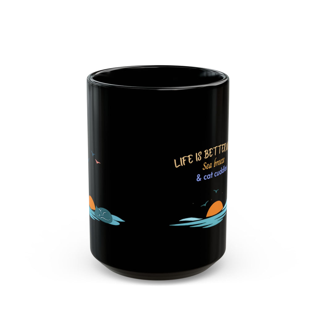 Black Cat Sunset Mug – "Life Is Better With Sea Breeze & Cat Cuddles"