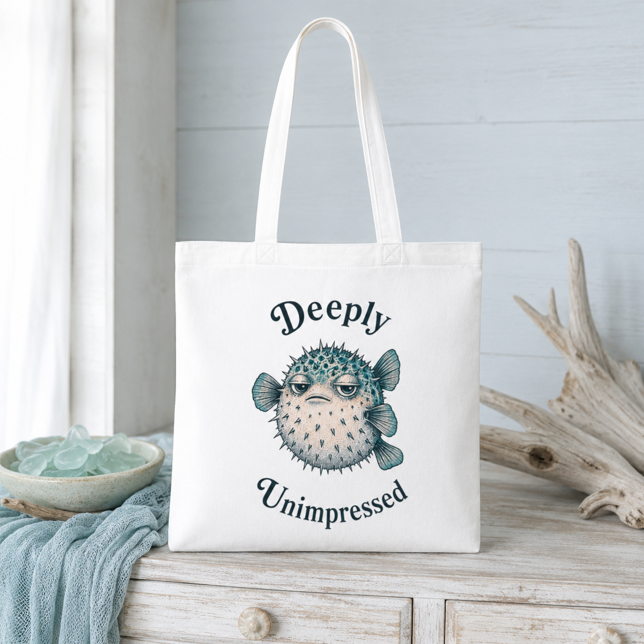 "Deeply Unimpressed" Pufferfish Cotton Tote Bag