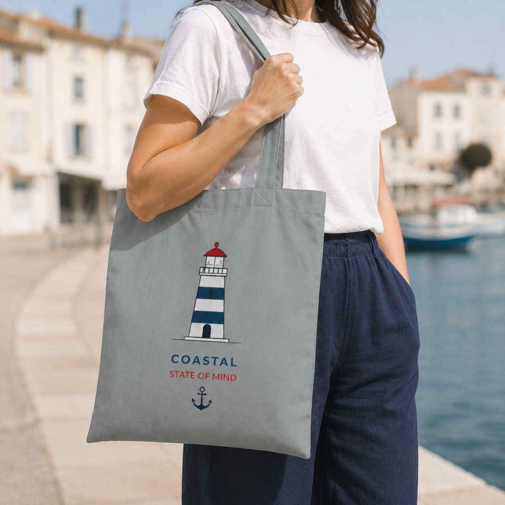 "Coastal State of Mind" Cotton Tote,  Nautical Lighthouse Beach Bag
