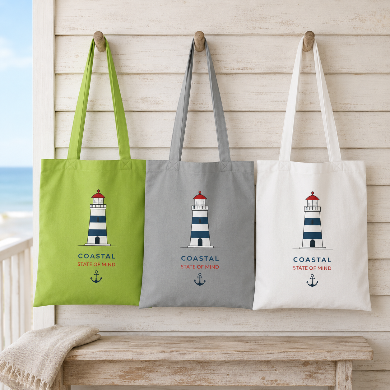"Coastal State of Mind" Cotton Tote,  Nautical Lighthouse Beach Bag