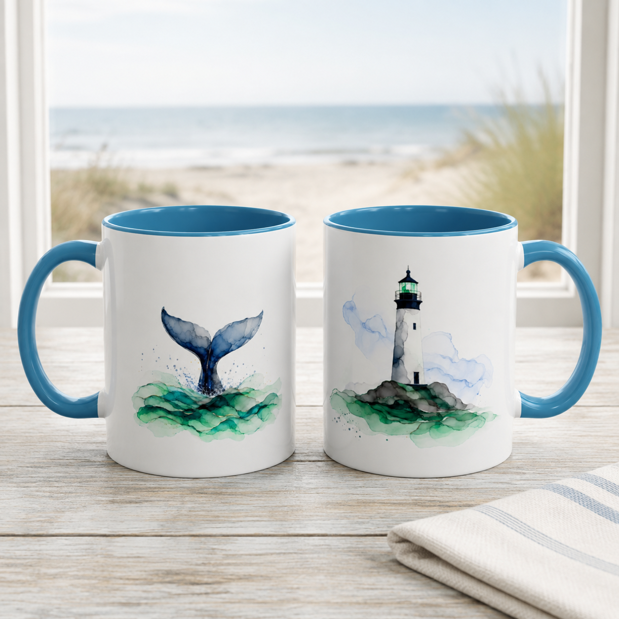 Lighthouse and Whale Tail Ceramic Mug