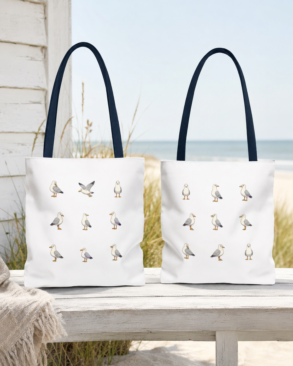 Seagull Pattern Tote Bag, Cute Coastal Beach Tote