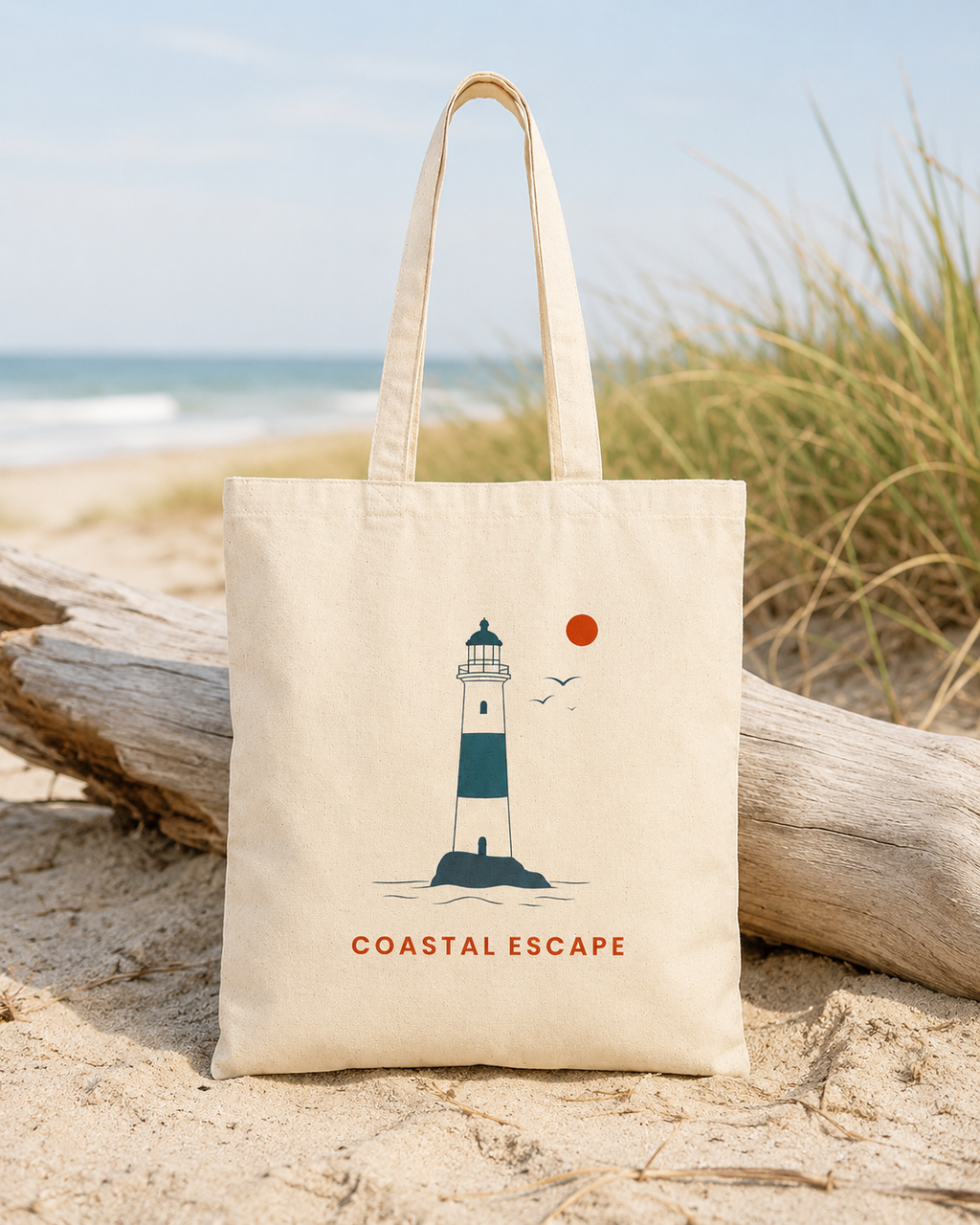 "Coastal Escape" Tote Bag, Lighthouse Canvas Beach Shopper