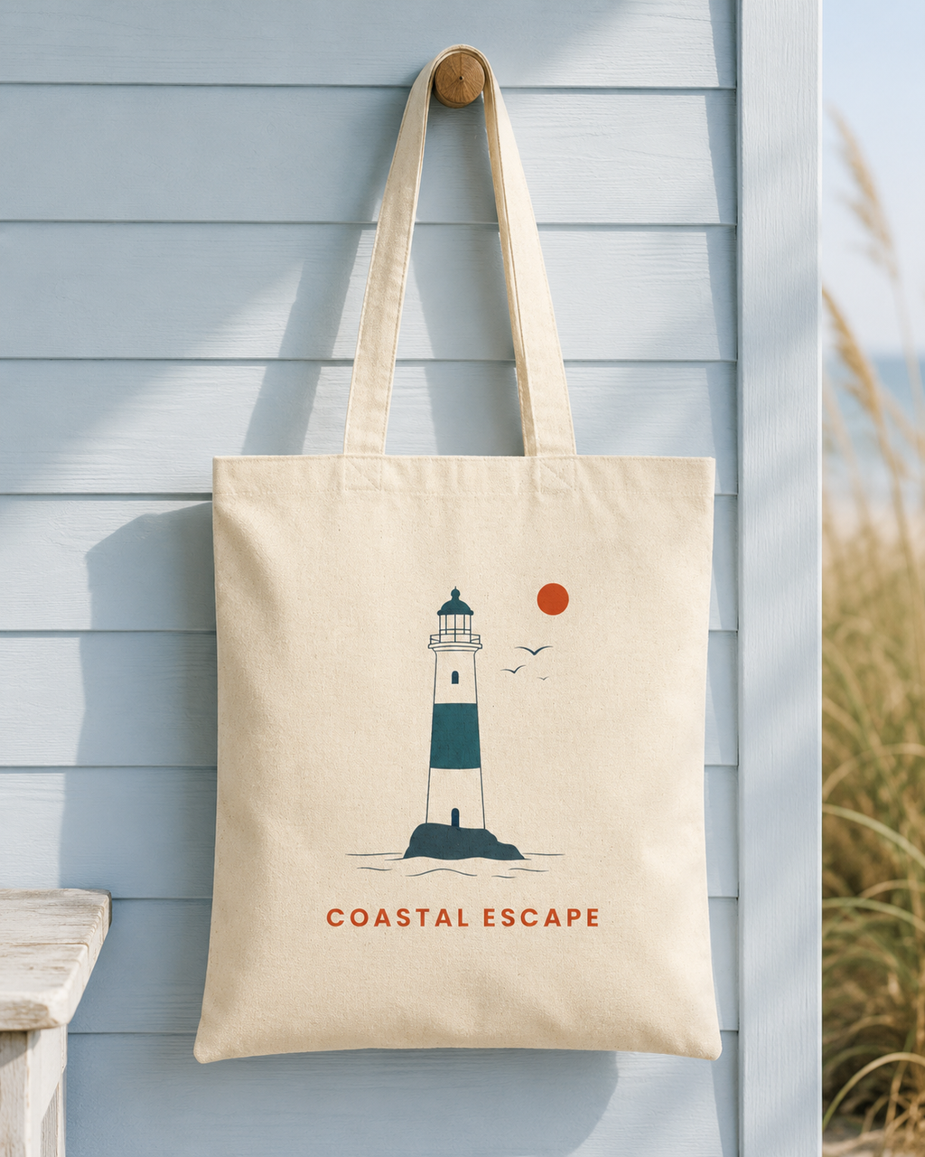 "Coastal Escape" Tote Bag, Lighthouse Canvas Beach Shopper