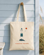 "Coastal Escape" Tote Bag, Lighthouse Canvas Beach Shopper