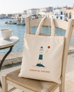 "Coastal Escape" Tote Bag, Lighthouse Canvas Beach Shopper