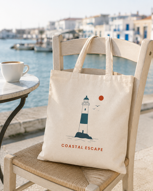 "Coastal Escape" Tote Bag, Lighthouse Canvas Beach Shopper