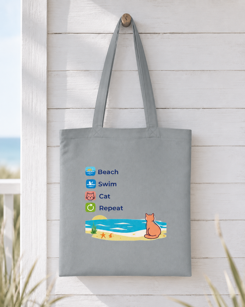 "Beach • Swim • Cat • Repeat" Cotton Tote Bag