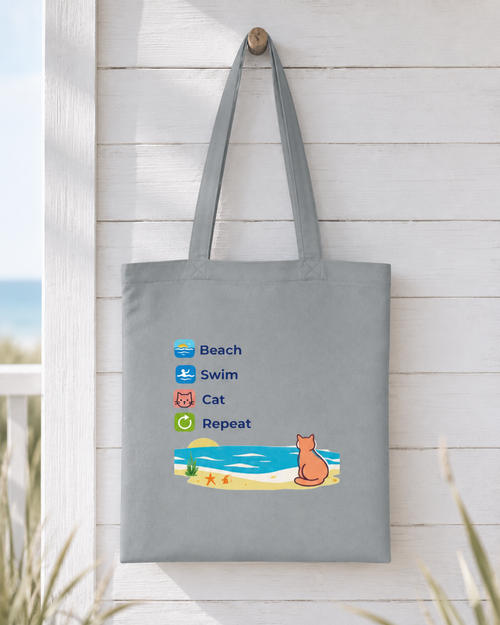 "Beach • Swim • Cat • Repeat" Cotton Tote Bag