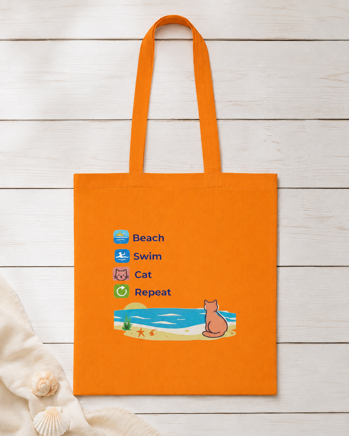 "Beach • Swim • Cat • Repeat" Cotton Tote Bag