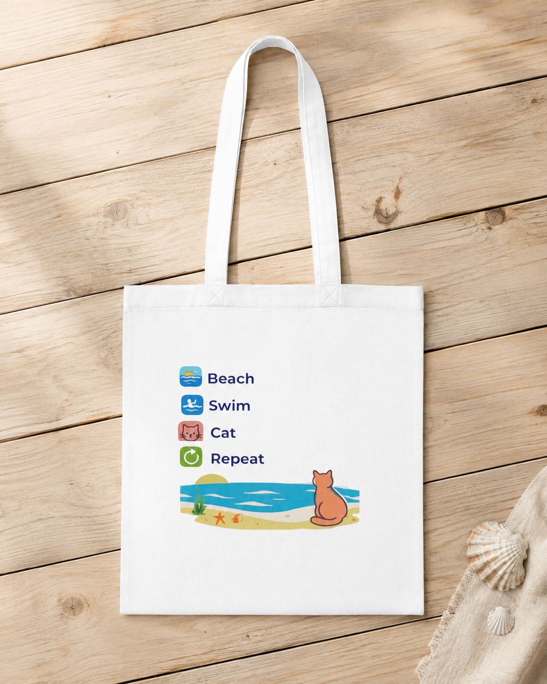 "Beach • Swim • Cat • Repeat" Cotton Tote Bag